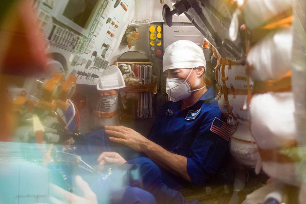 NASA astronaut Mark Vande Hei is seen inside the Soyuz