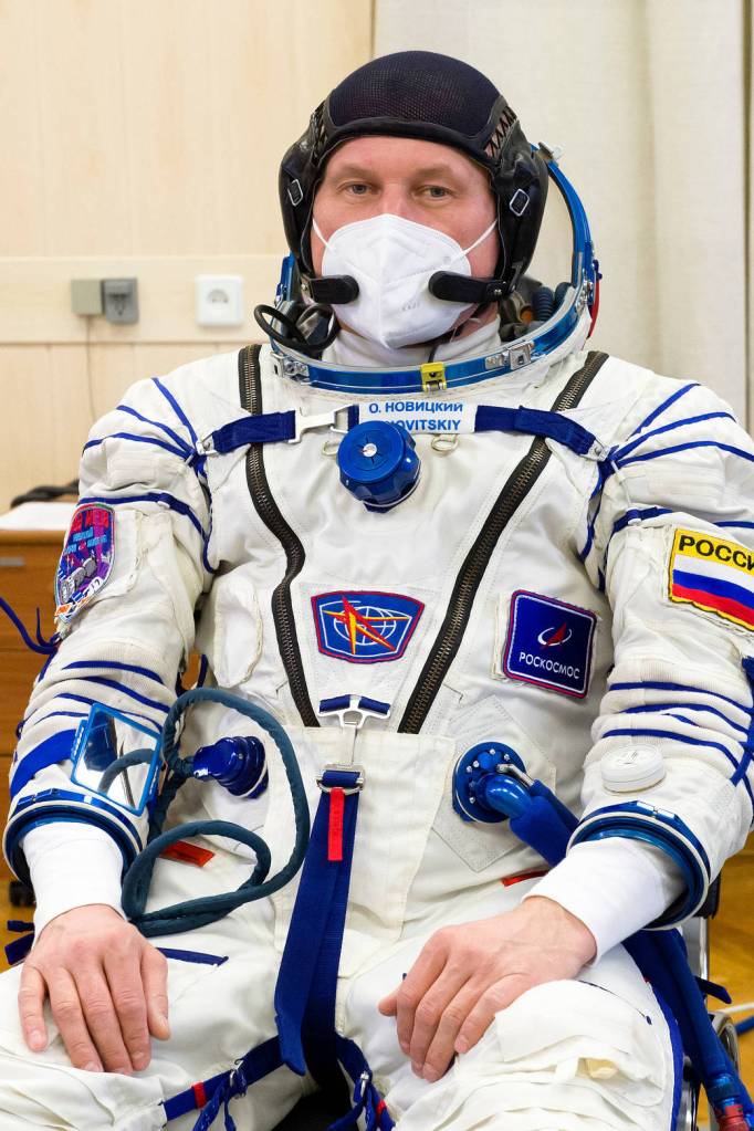Oleg Novitskiy of Roscosmos is seen in his Sokol suit during a fit check