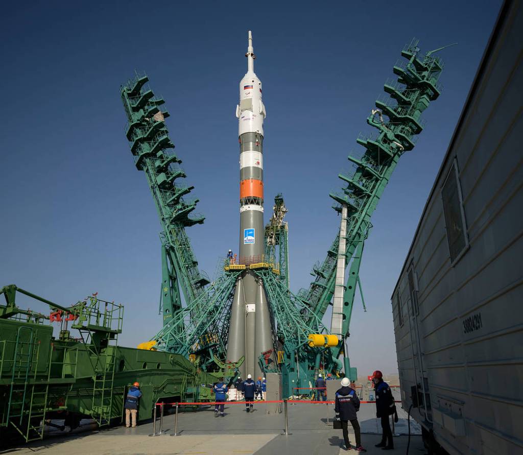 The Soyuz MS-18 rocket at the launch pad