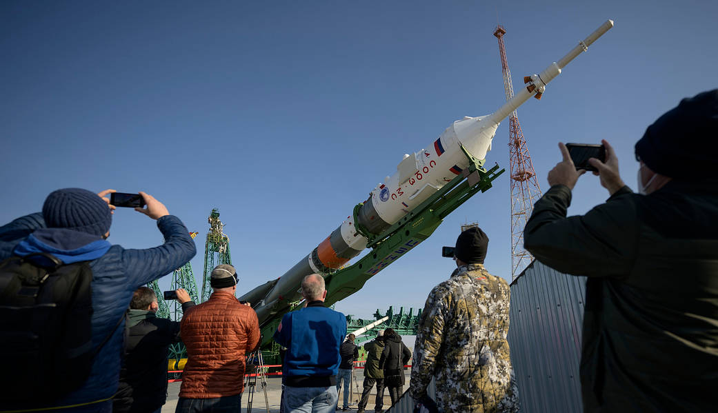 The Soyuz MS-18 rocket is raised at the launch pad