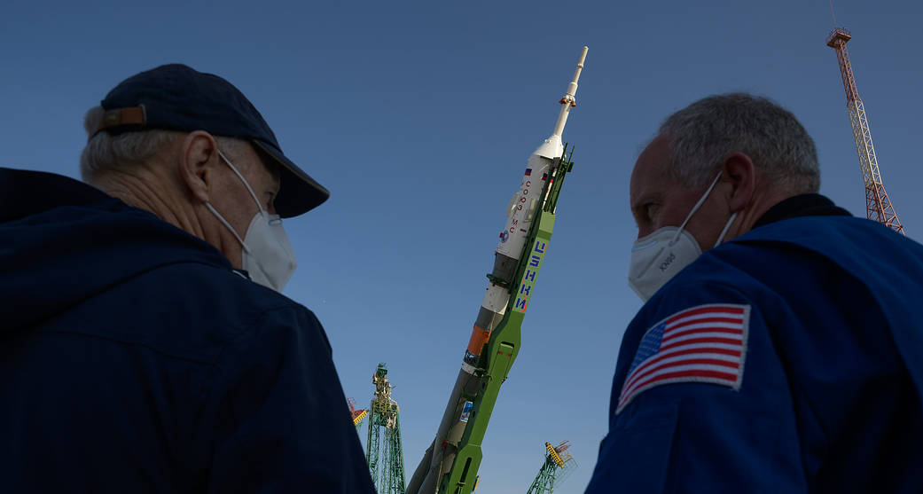 The Soyuz MS-18 rocket is raised at the launch pad