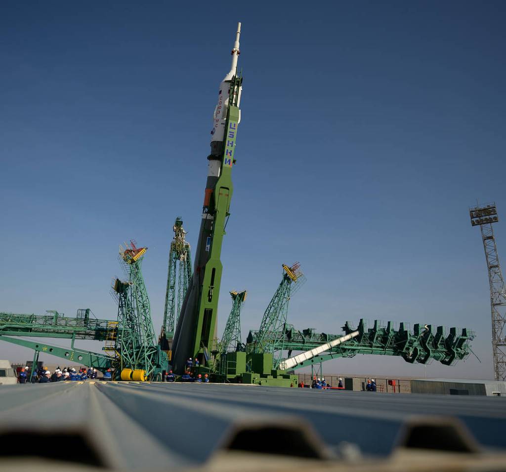 The Soyuz MS-18 rocket is raised at the launch pad