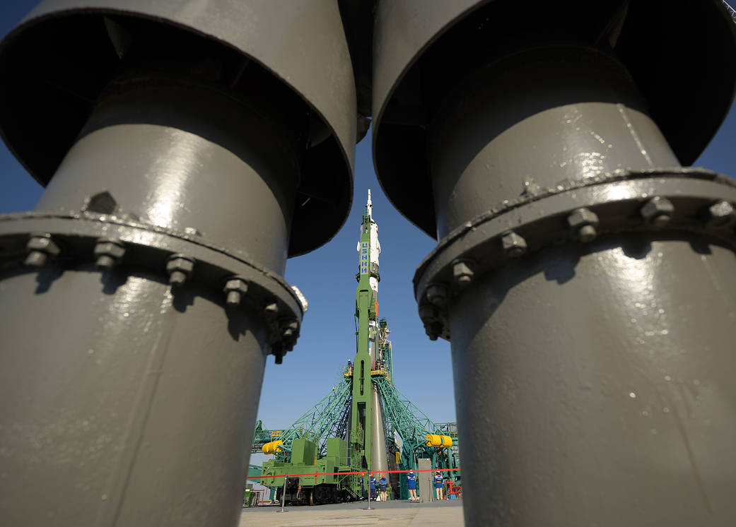 The Soyuz MS-18 rocket is raised at the launch pad