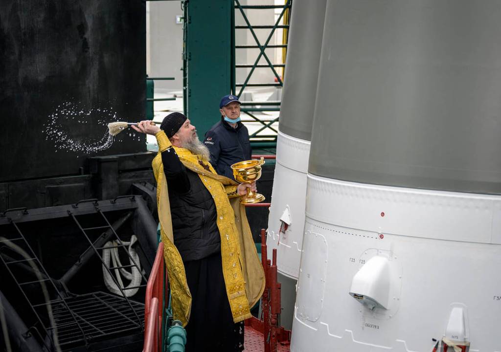 Russian Orthodox Priest blesses Soyuz MS-18 rocket