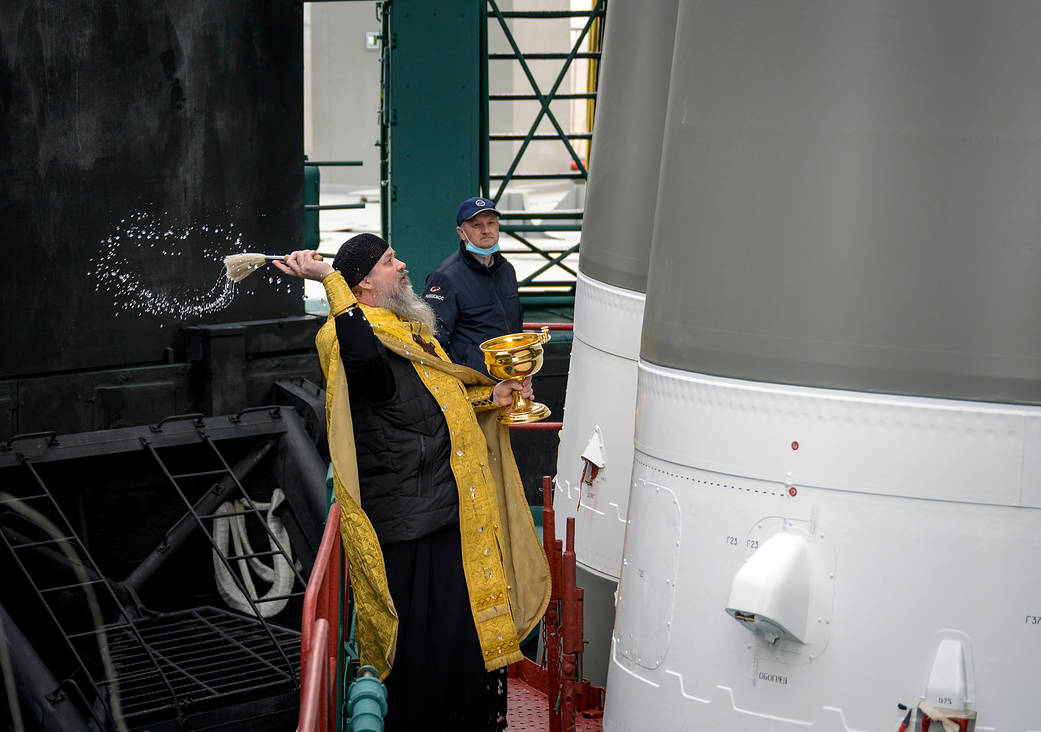 Russian Orthodox Priest blesses Soyuz MS-18 rocket