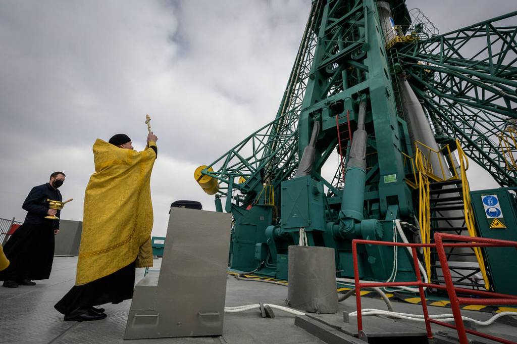 Russian Orthodox Priest blesses Soyuz MS-18 rocket