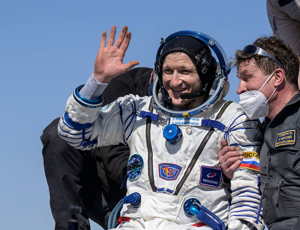 Cosmonaut Sergey Kud-Sverchkov outside of the Soyuz MS-17 spacecraft