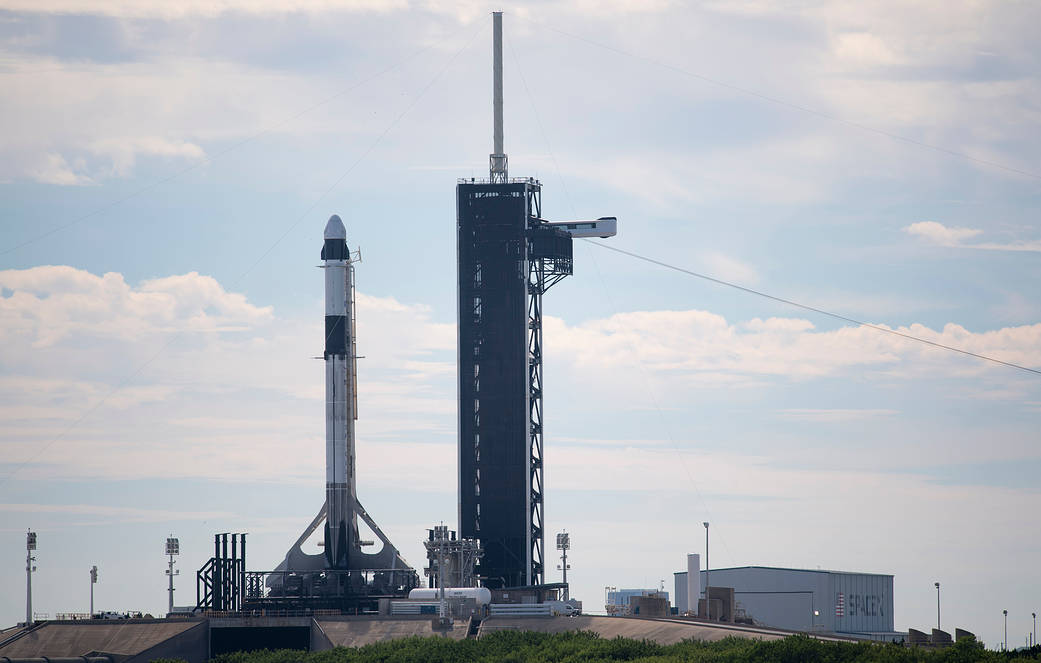 The SpaceX Falcon 9 rocket in vertical position on the launch pad