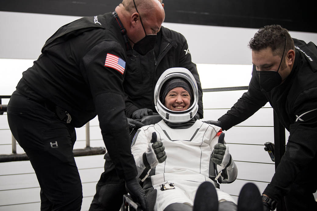 SpaceX Crew-2 astronaut Megan McArthur gives a thumbs up