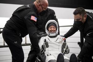 SpaceX Crew-2 astronaut Megan McArthur gives a thumbs up
