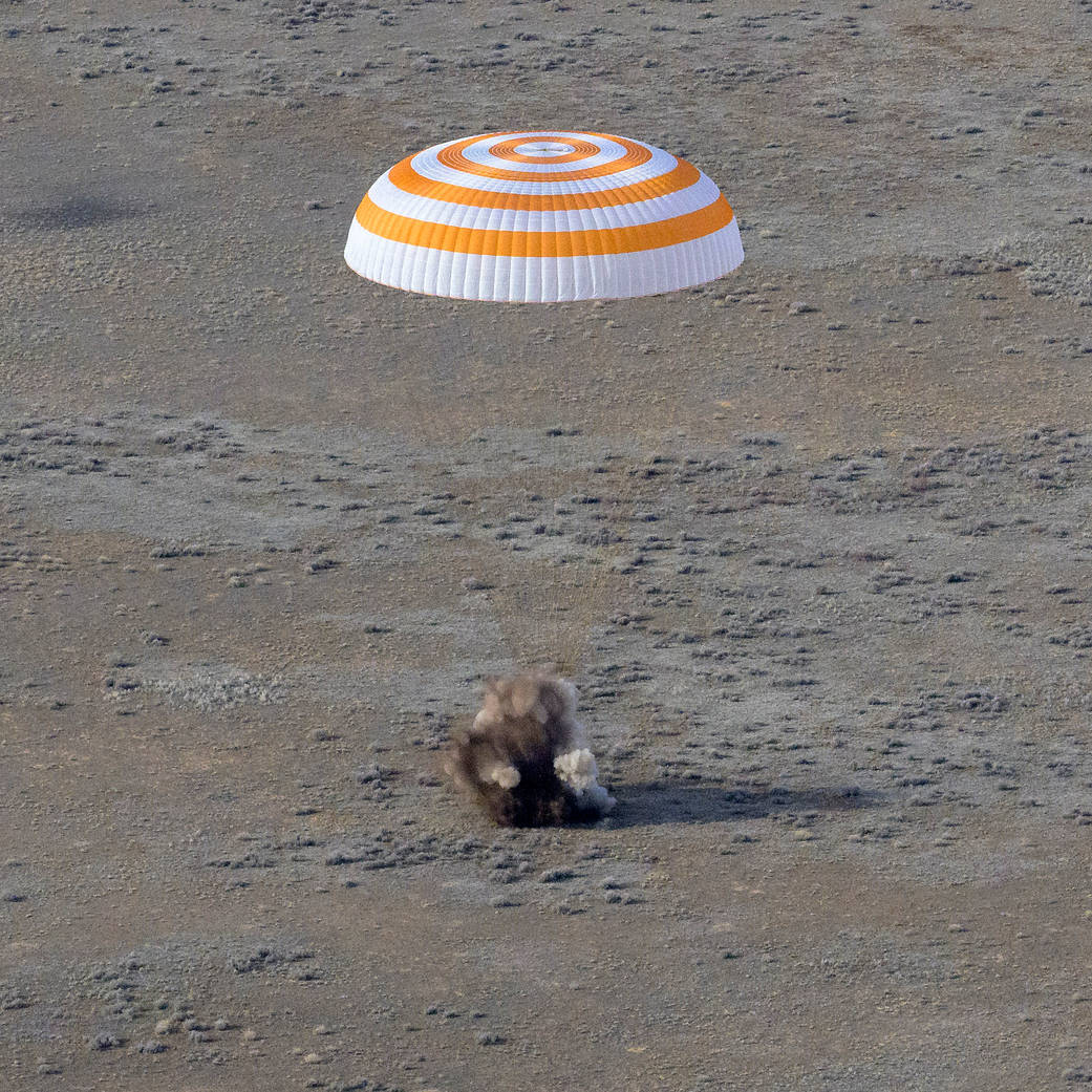 The Soyuz MS-19 spacecraft with the Expedition 66 crew lands on Earth