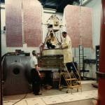 An early Nimbus satellite undergoes vibration testing at NASA's Goddard Space Flight Center in Greenbelt, Maryland, circa 1967.