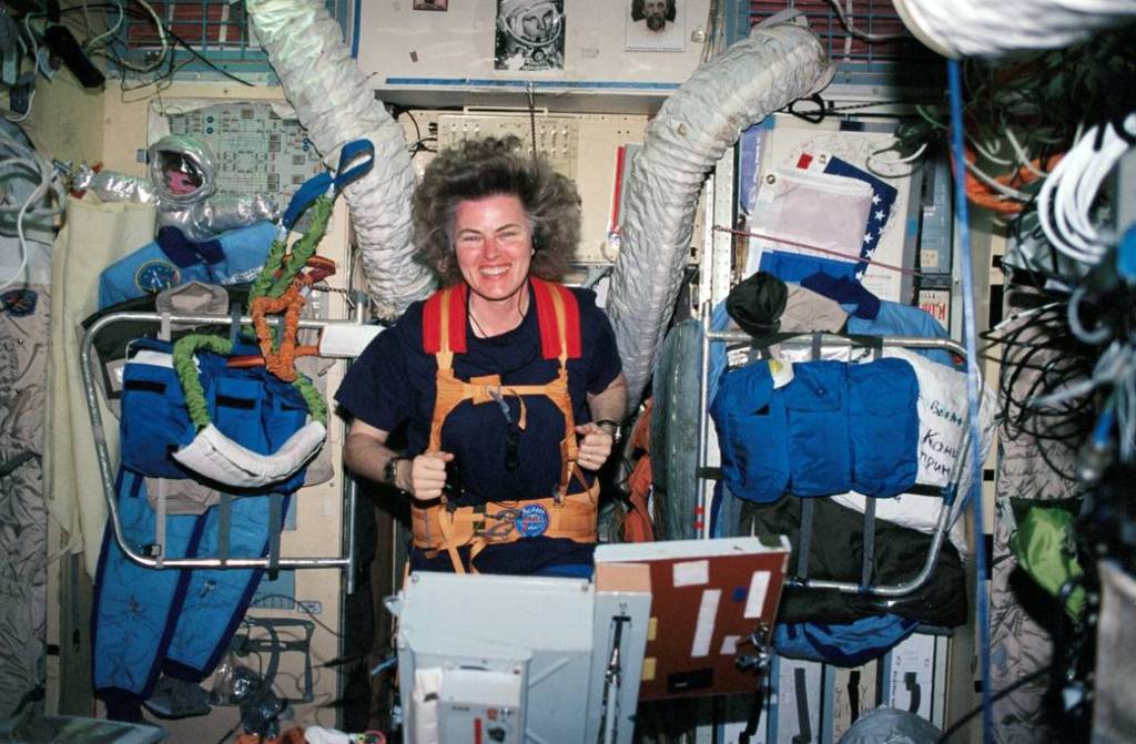 Shannon Lucid on Treadmill in Russian Mir Space Station