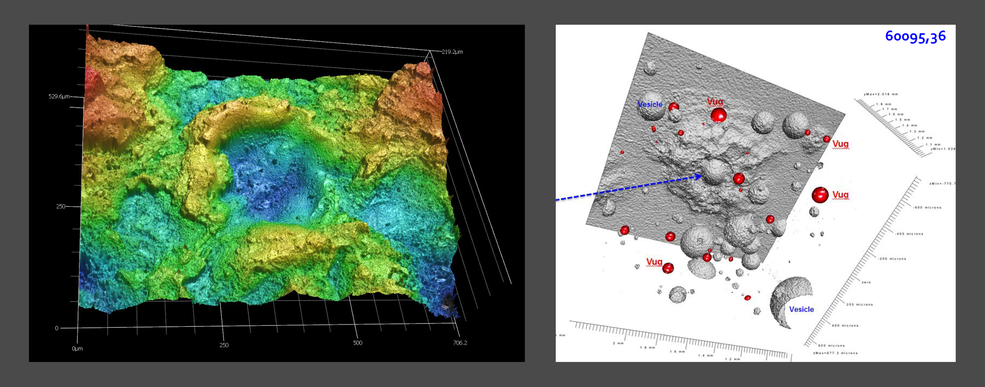 Two images; on the left a detailed surface with features color-coded by height. on the right, the same surface in gray, from below, showing beads and cavities in red and gray