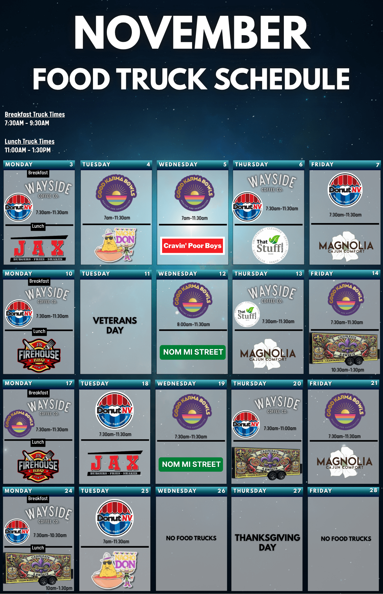 November Food Truck Schedule for JSC B11.