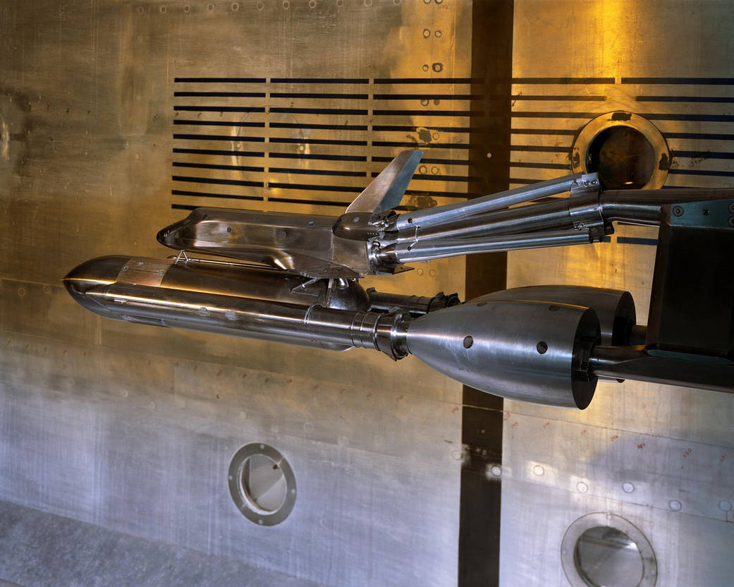 This 0.01 scale model of the Space Shuttle ascent configuration is shown installed in the National Transonic Facility at Langley