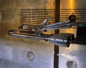 This 0.01 scale model of the Space Shuttle ascent configuration is shown installed in the National Transonic Facility at Langley