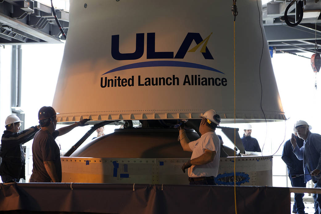 ULA Centaur upper stage is mated to the Atlas V first stage booster for CRS-7.