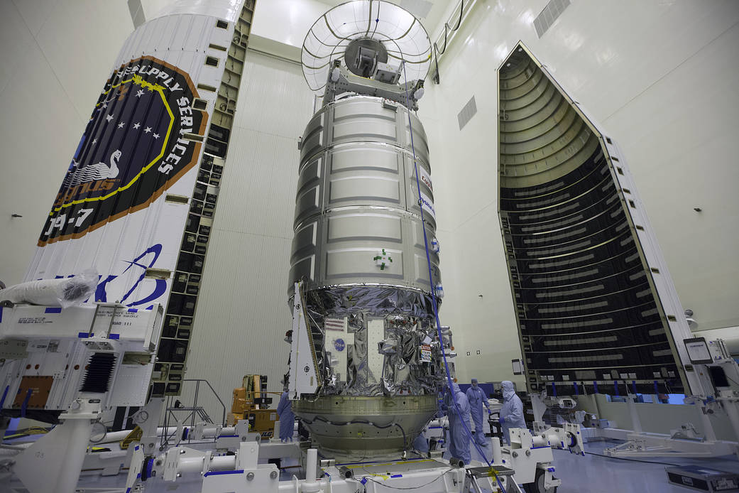 The Orbital ATK Cygnus cargo module is ready to be enclosed in its payload fairing.