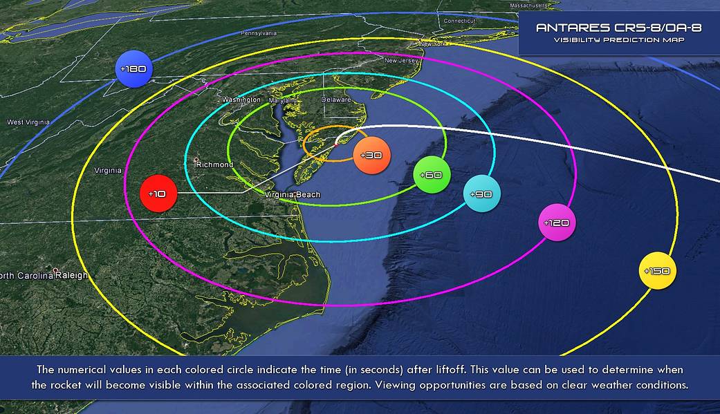 Wallops Launch visibility map