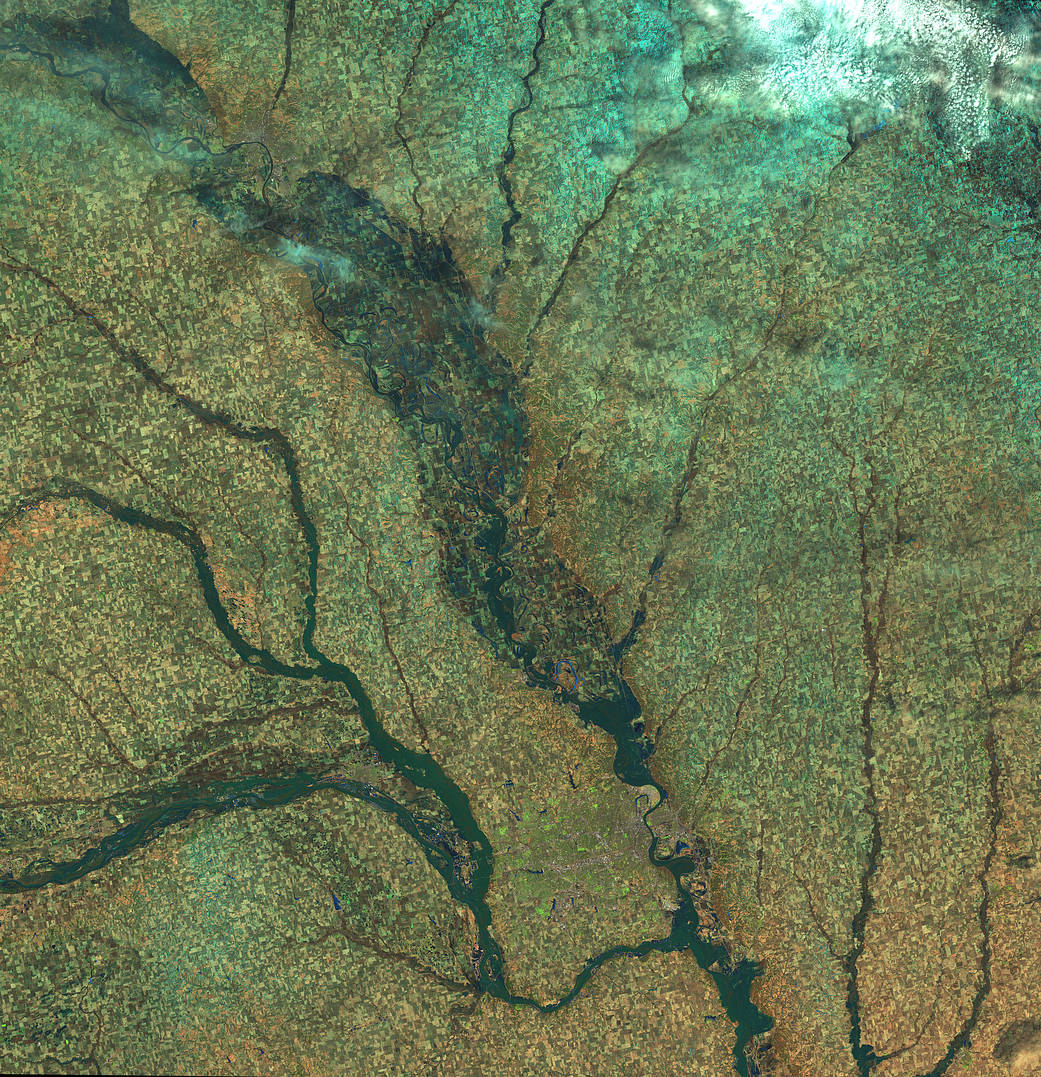 Large scale satellite image of flooded land in Nebraska