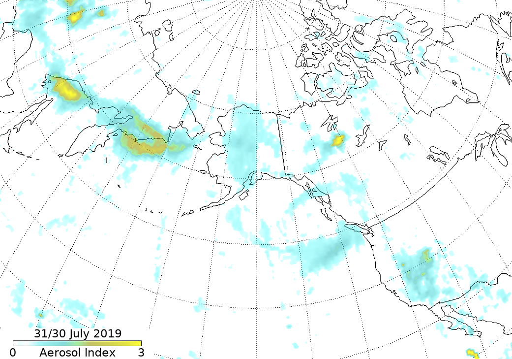 Map view of Alaska, Siberia, western US, and north Pacific showing aerosol index measured 0 to 5