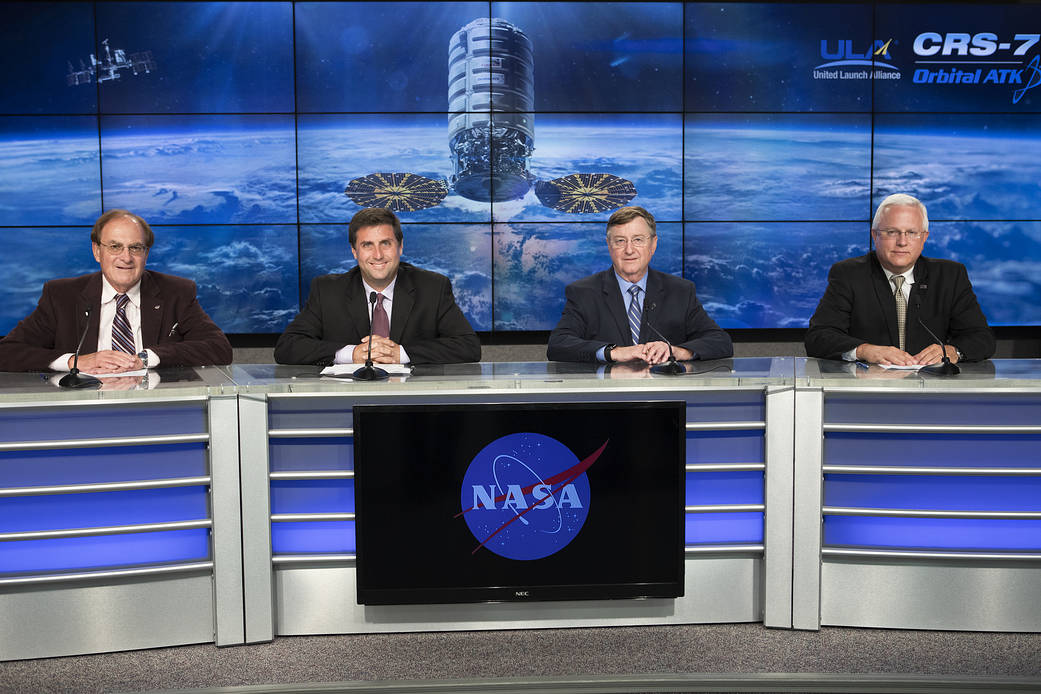 A press conference is held at Kennedy Space Center after launch of the Orbital ATK CRS-7 resupply mission to the space station.