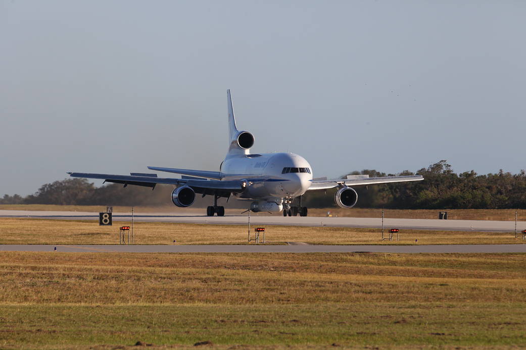 Orbital ATK Stargazer arrives with Pegasus XL and CYGNSS at Skid Strip at Cape Canaveral Air Force Station in Florida.