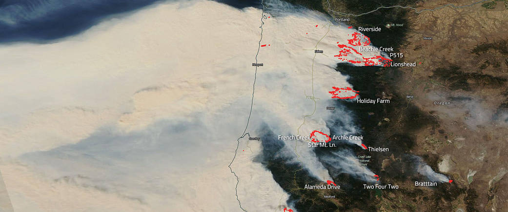 Labeled Aqua image of the Oregon Fires from Sep 10, 2020.