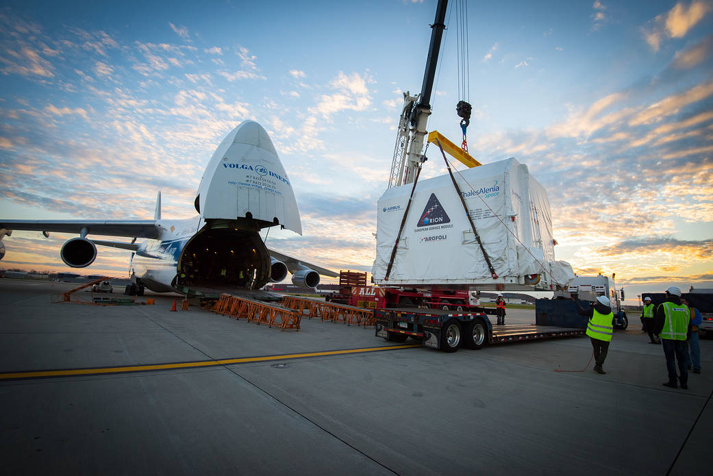 A full-size test version of Orion’s service module, provided by ESA (European Space Agency), was delivered to Cleveland Hopkins.