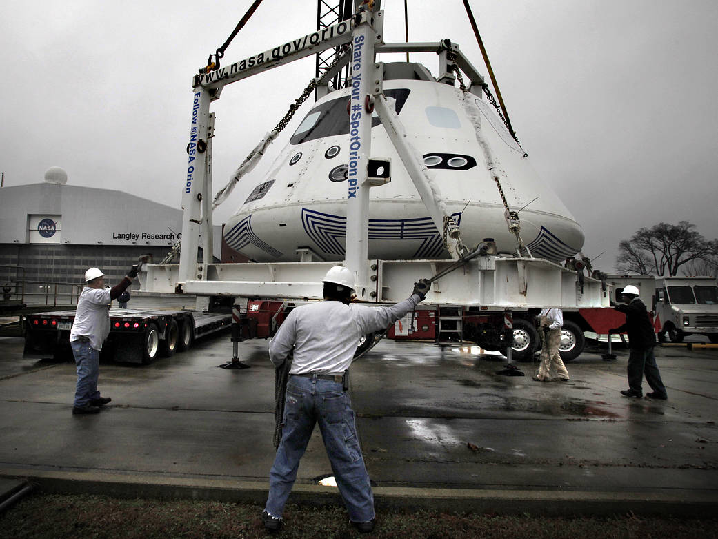 A test version of NASA’s Orion spacecraft gears up to take a long road trip, starting from NASA’s Langley Research Center in