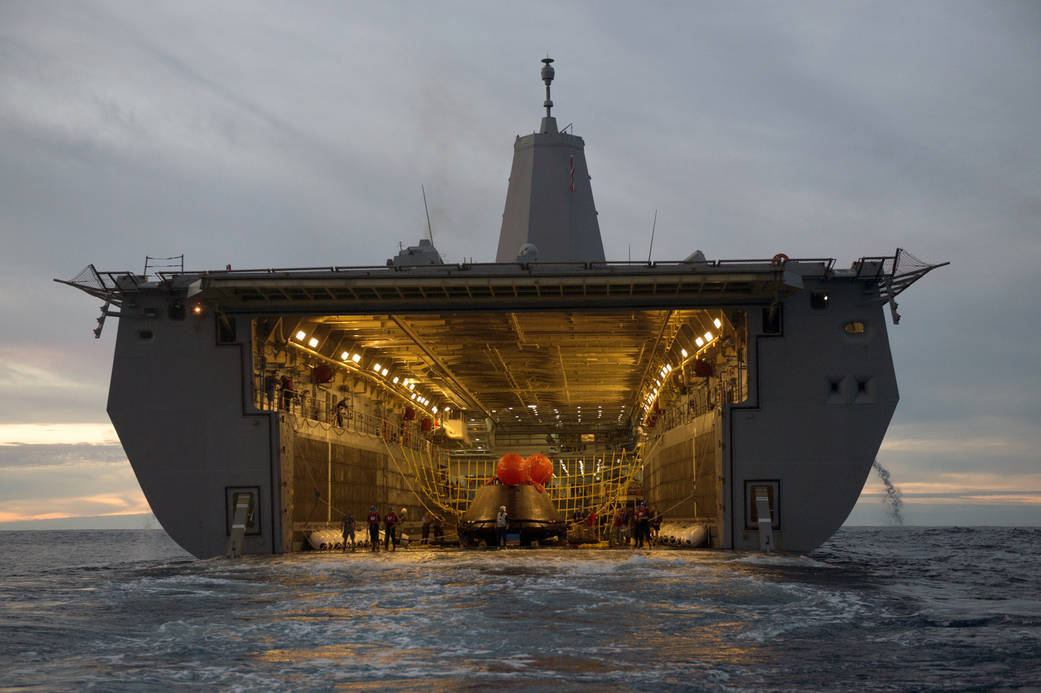 Orion is secured in the well deck of the USS Anchorage