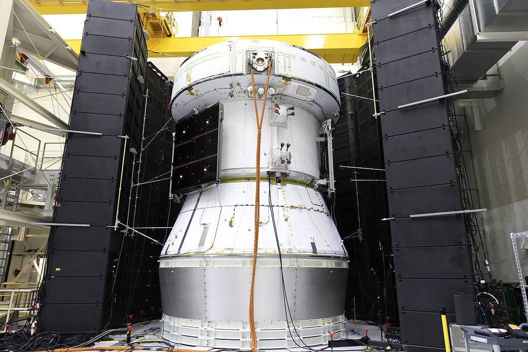 Orion's service module for NASA's Artemis 1 mission is in a test cell inside the O&C at Kennedy Space Center in Florida.