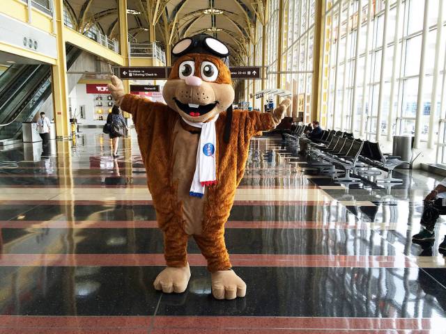 Orville the Flying Squirrel mascot with his arms spread open wide at National Reagan Airport.