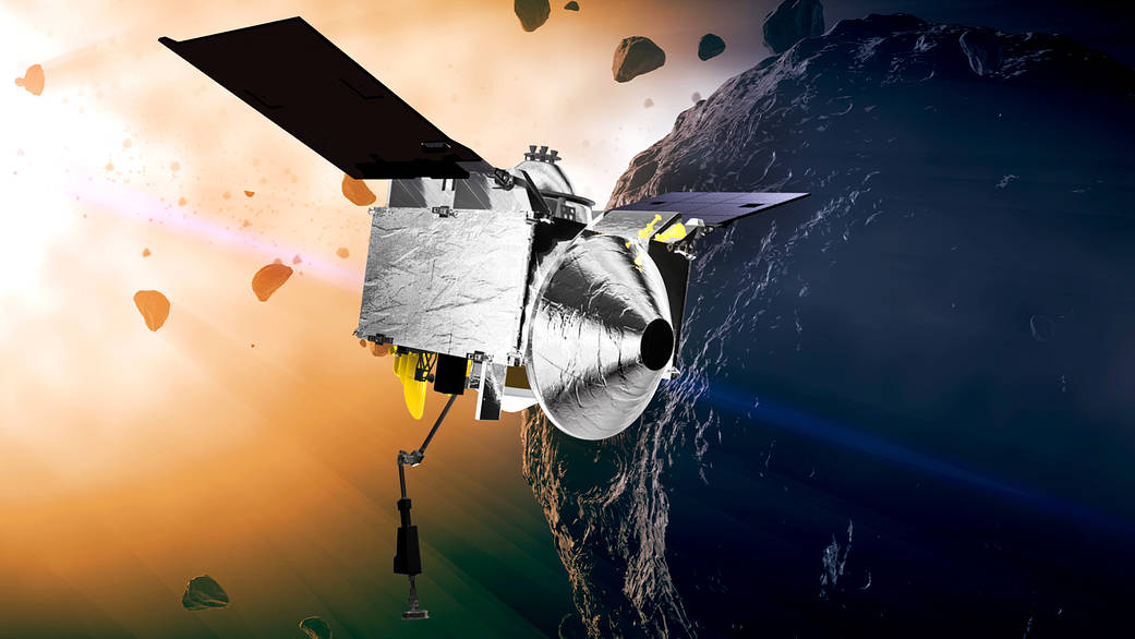 illustration of spacecraft and asteroid golden light