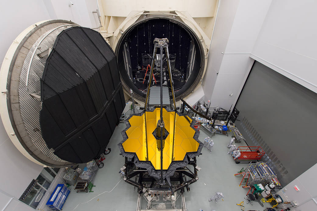Webb Telescope viewed from above outside doors of chamber