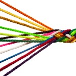 Red, golden, brown, lime green, yellow, black, pink, white, dark blue and purple rope threading together to show our organization