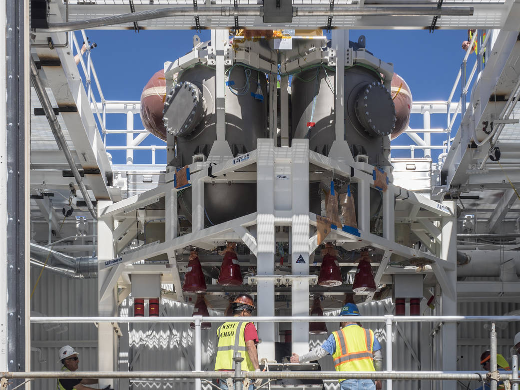 Service module insallation on Orion spacecraft