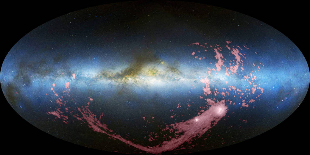 The Large and Small Magellanic Clouds, two dwarf galaxies orbiting the Milky Way, are at the head of the gaseous stream. Since t