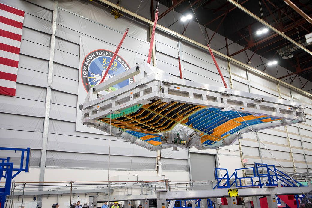 The X-59 Quiet SuperSonic Technology (QueSST) wing assembly at Lockheed Martin Skunk Works in Palmdale, CA.