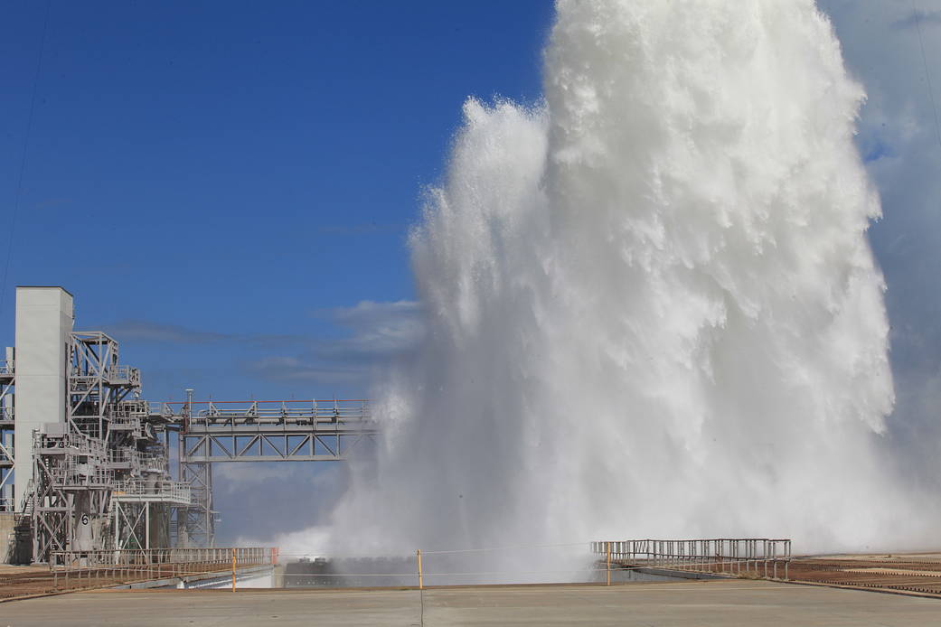 A water flow test was completed at Launch Pad 39B at NASA's Kennedy Space Center in Florida.
