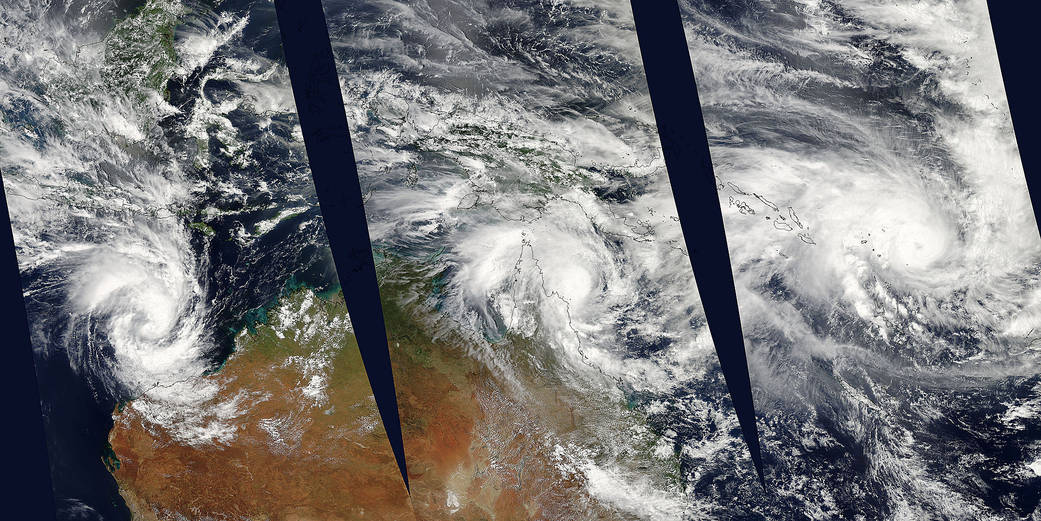 MODIS image of three storms near Australia
