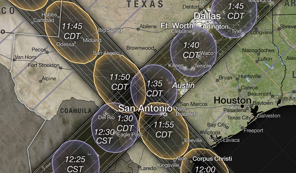 A close-up view of the map shows the 2023 annular solar eclipse and 2024 total solar eclipse paths crossing over the state of Texas.