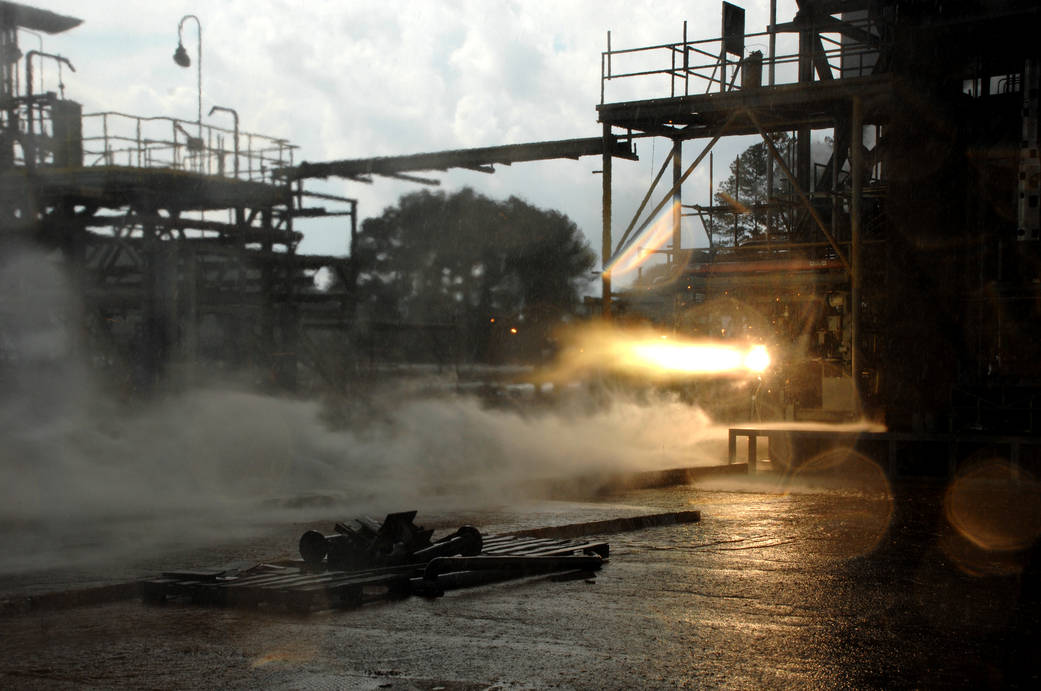  3-D printed rocket part blazes to life during a hot-fire test.