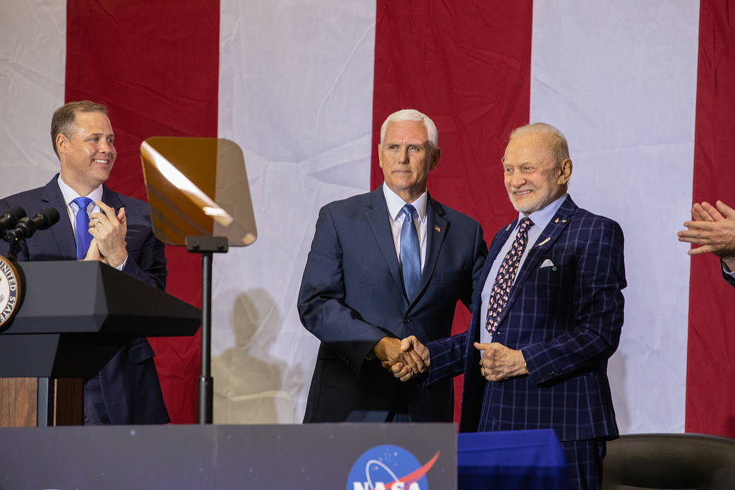 Vice President Mike Pence, NASA Administrator Jim Bridenstine and Apollo 11 astronaut Buzz Aldrin at Kennedy Space Center