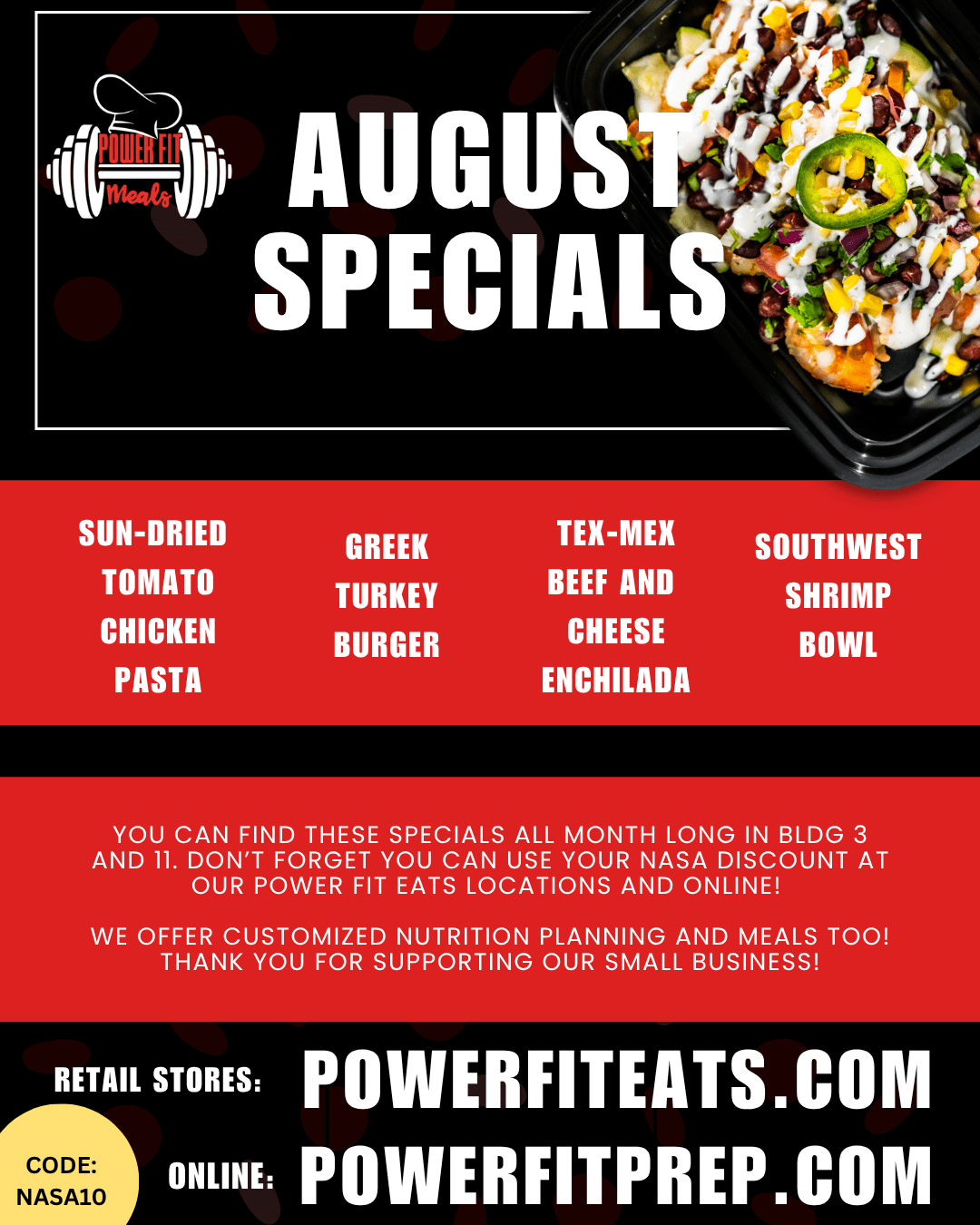 August specials for Power Fit Meals, a food vendor at JSC.