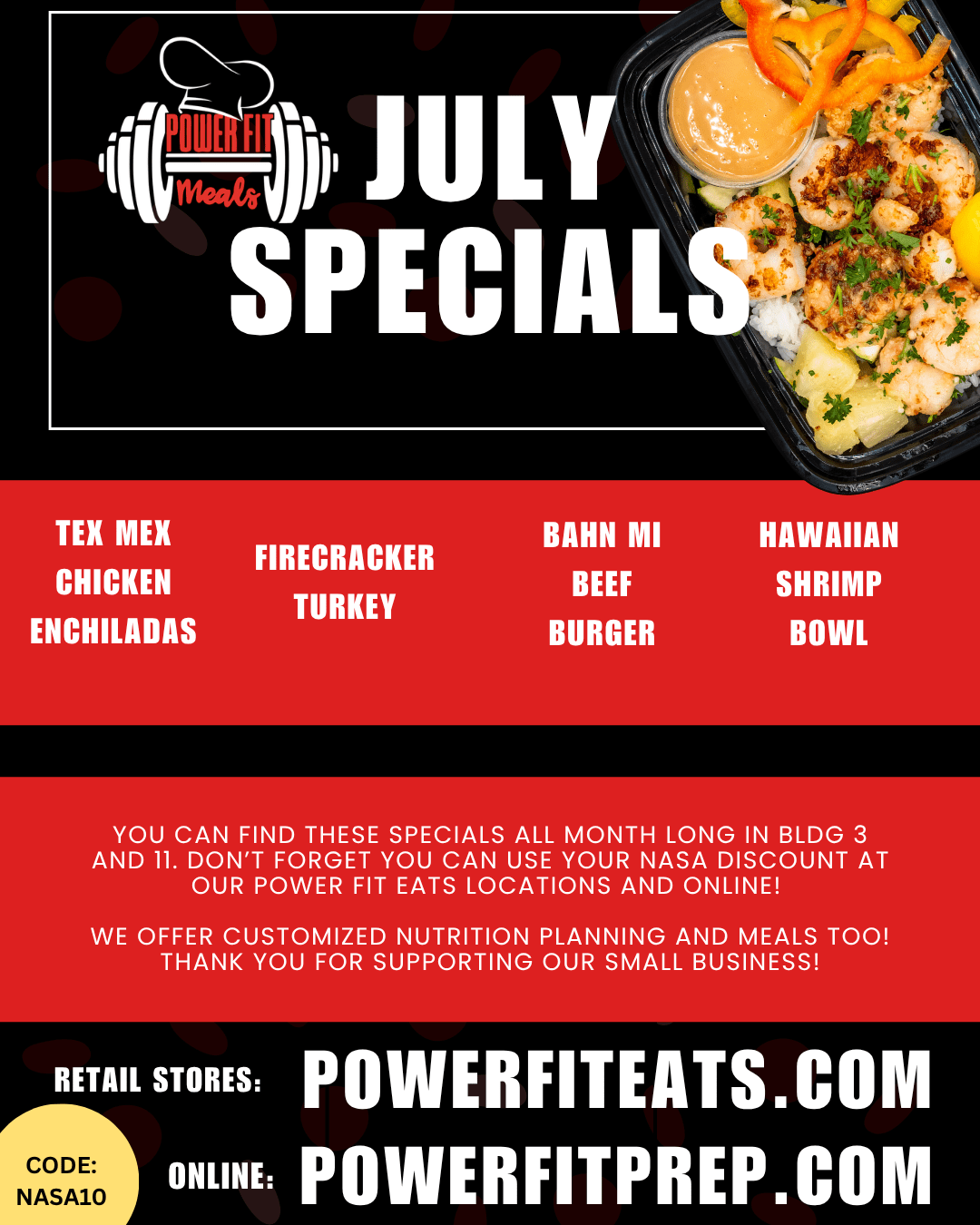 July 2026 specials for JSC food vendor, Power Fit Meals.