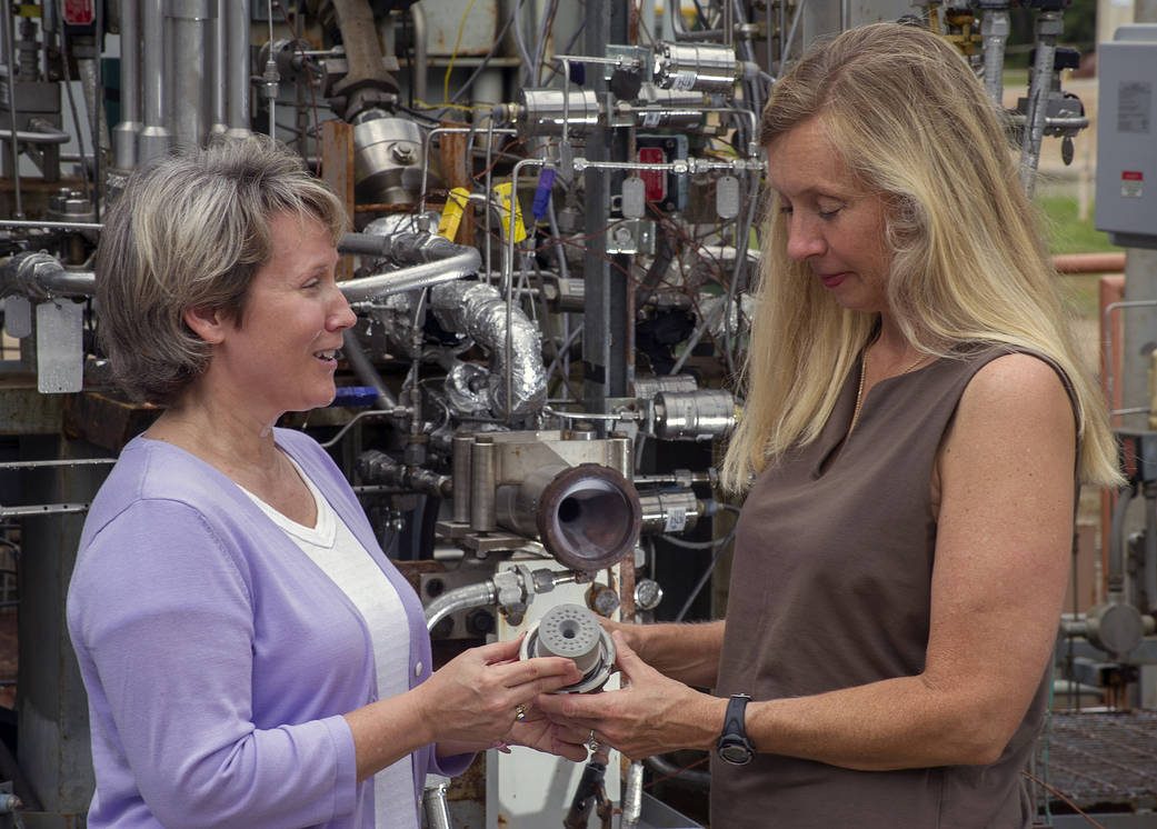 Sandra Greene, left, and  Cynthia Sprader recently completed test firings  to gather acoustic data on the SLS engines.