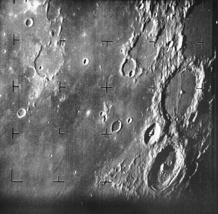 Ranger 7 took this image, the first picture of the moon by a U.S. spacecraft, on July 31, 1964 at 13:09 UT (9:09 AM EDT), about 