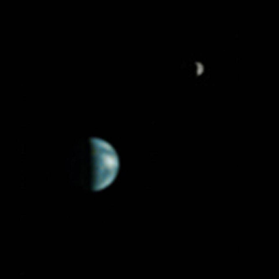 Earth and Earth's moon photographed from Mars orbit
